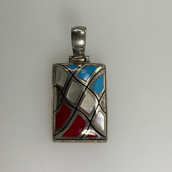 Vintage Pendant Sterling Silver 925 Rectangle With Turquoise MOP And Coral Used