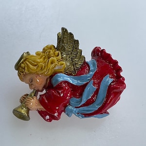 Vintage Pin Brooch Angel With Trumpet Red Blue Yellow Gold Used