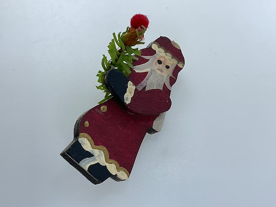Vintage Pin Brooch Wood Santa Claus With Tree Red… - image 1