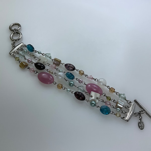 Vintage Cookie Lee 7.5”-8.25” Bracelet Silver Toned 4 Strands With Pink Blue Champagne And Shell Beads Used