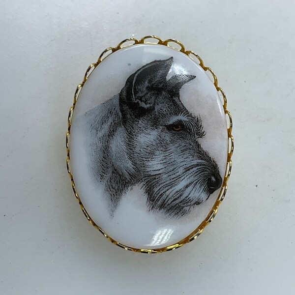 Vintage Pin Brooch Gold Toned Oval White Glass With Schnauzer Black Gray Brown Used