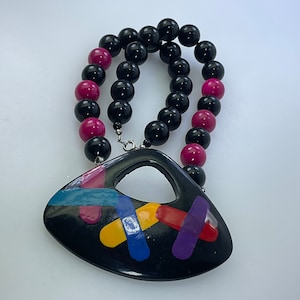 Vintage 19” Necklace Triangle With Beads Black Blue Pink Purple Yellow Used