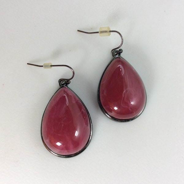 Vintage Dangle Earrings Oxidized Teardrop With Plastic Faux Ruby Used