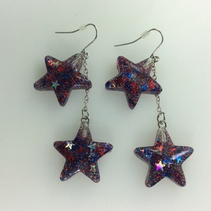 Vintage Dangle Earrings Silver Toned Patriotic Stars Design Red Blue Sparkles Used