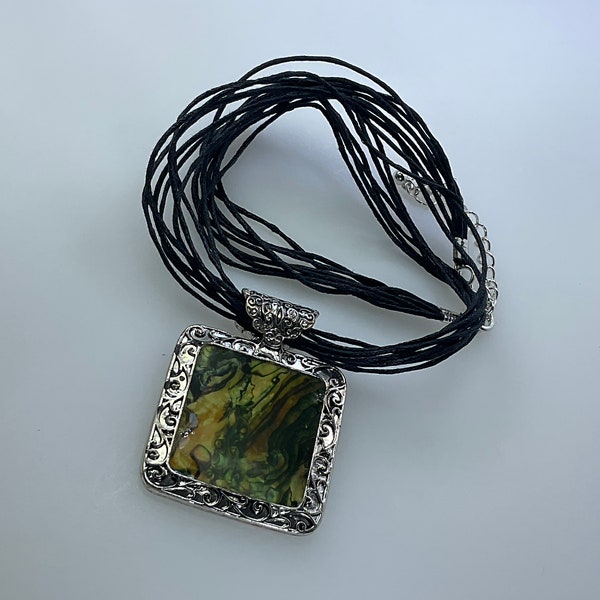 Vintage 16”-19” Necklace Silver Toned Square With Abstract Design Brown Green On Black Cords Used