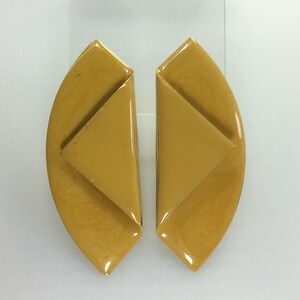 Vintage Clip On Earrings Gold Toned Half Round Fold Design With Yellow-Gold Swirl Enamel Used