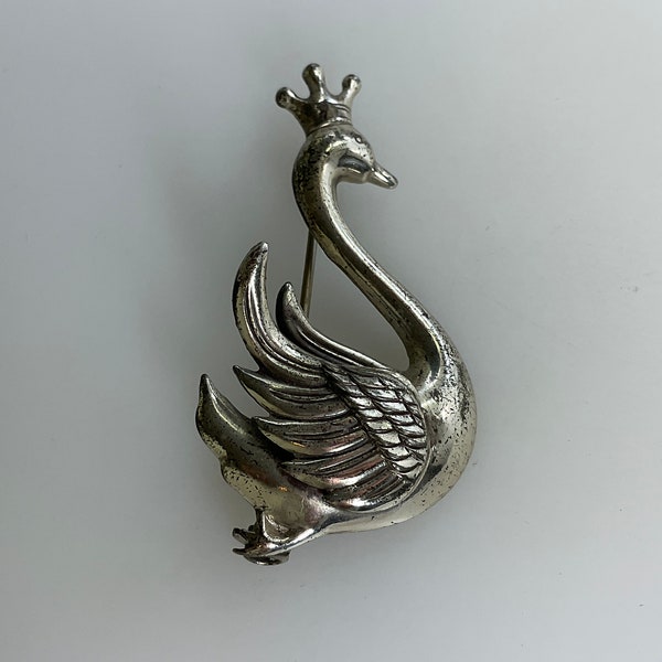 Vintage Lang Pin Brooch Sterling Silver 925 Swan With Crown Needs Cleaned Used