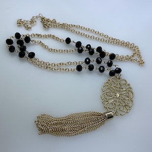 Vintage 32”-36” Necklace Gold Toned Chain With Black Glass Beads And Tassel Used