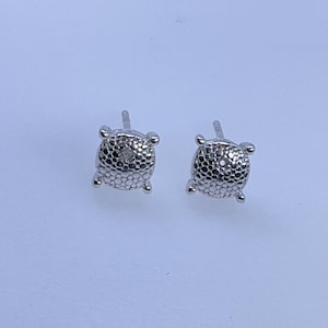 May include: A pair of silver-colored stud earrings. Each earring has a textured, rounded square shape with a small, central gem. The earrings are set against a light background.