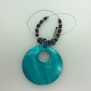 Vintage 16&quot;-18&quot; Necklace With Blue Shell Brown Wood Silver Toned And Blue Beads Used