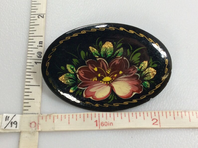 Vintage Pin Brooch Oval Black Lacquer With Pink Maroon Flower Russia Signed Used