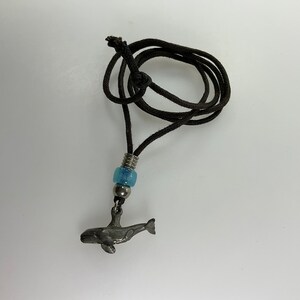 Vintage 23” Necklace Pewter Whale With Blue Bead On Brown Cord Used