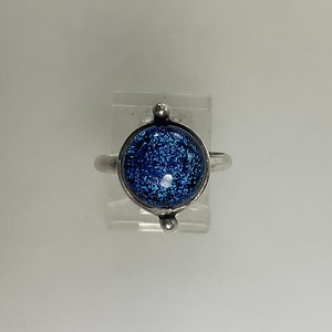 Vintage Ring Size 7.5 Sterling Silver 925 With Round Blue Dichroic Glass Used