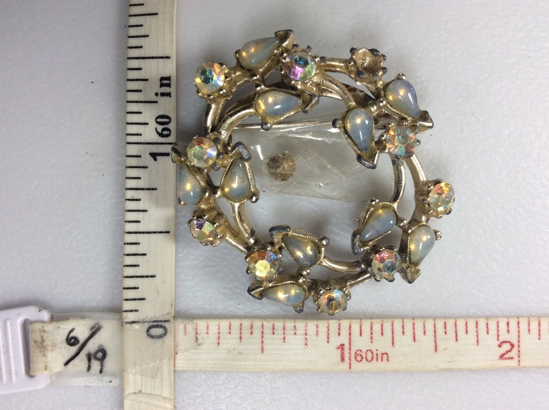 Vintage Silver Toned Pin Brooch Circular Wreath Design AB Rhinestones Missing Stone Used