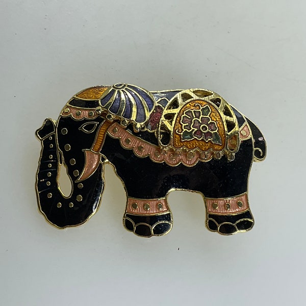 Vintage Pin Brooch Gold Toned Elephant With Flower Black Pink Red Green Enamel Used