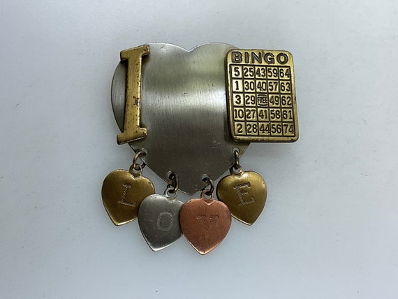Vintage Pin Brooch Tri-Toned Heart I Love Bingo N… - image 1