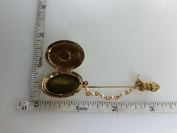 Vintage Stick Pin Brooch Gold Toned Oval Locket W… - image 2