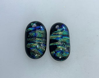 Vintage Lot Of 2 Cabochons Oval Dichroic Glass Black Blue Green Supply Used