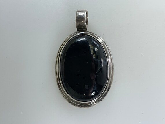 Vintage Pendant Silver Toned Oval Black Agate Used - image 1