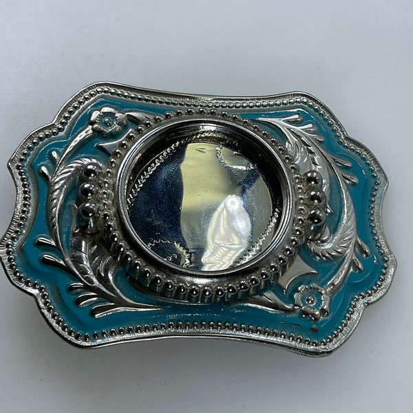 Vintage Belt Buckle Silver Toned Western Design With Blue Enamel Needs Stone Used