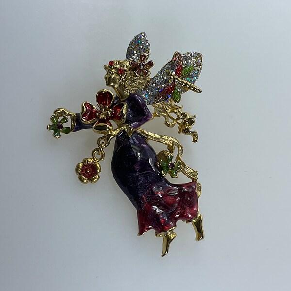 Vintage Kirks Folly Pin Brooch Gold Toned Fairy With Flowers AB Purple Rhinestones Purple Red Green Enamel Used