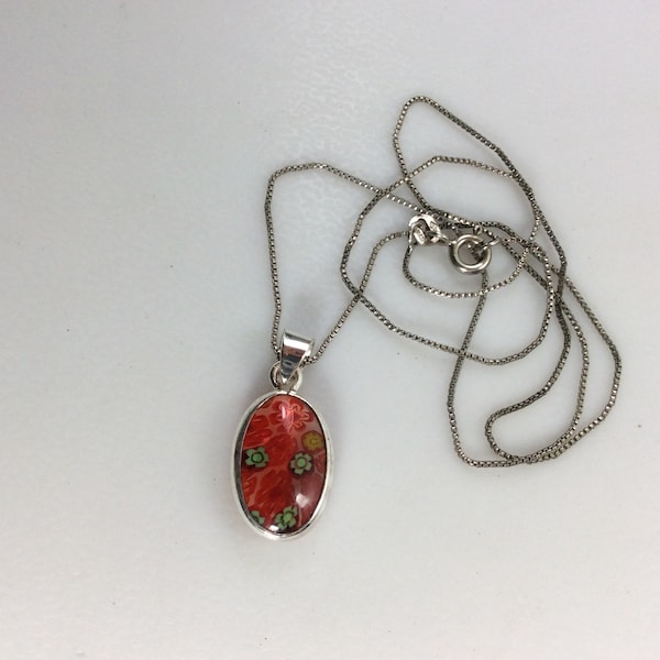 Vintage 16" Necklace Sterling Silver 925 Oval Design With Red Flowered Glass Green And Yellow Flowers Italy Used