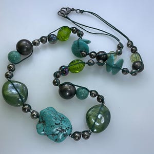 Vintage 28” Necklace With Silver Toned Glass And Plastic Beads Blue Green Used