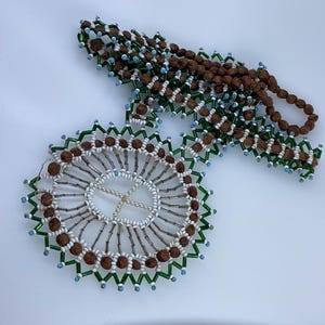 Vintage 32” Necklace Beaded Design Blue Green White Brown Missing Beads Used