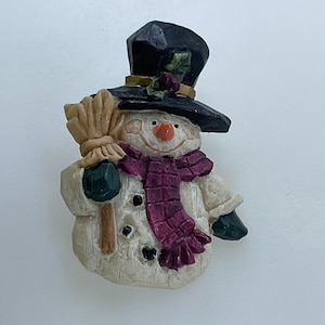 Vintage Pin Brooch Snowman With Hat Scarf And Broom White Red Green Black Used