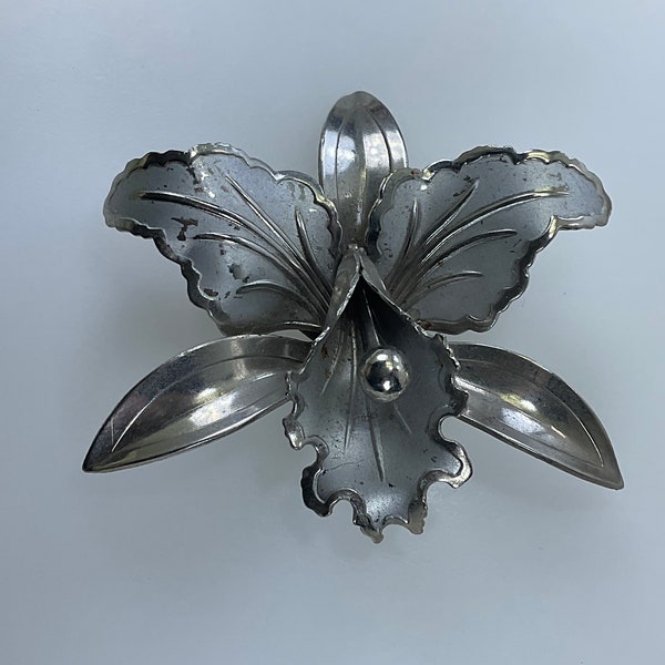 Vintage Pin Brooch Silver Toned Orchid With Enamel Some Chipping Used