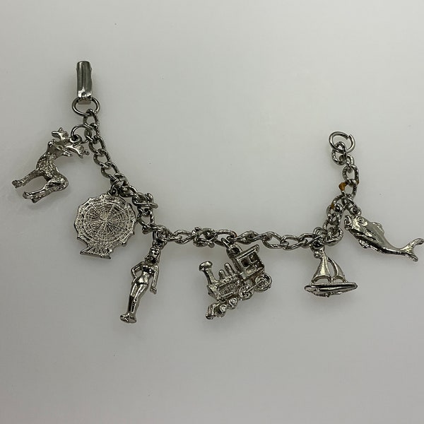 Vintage 7.5” Bracelet Silver Toned With Buck Ferris Wheel Woman Train Sailboat And Fish Charms Used