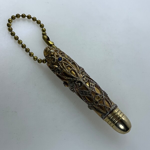 Vintage Lighter Gold Toned Floral Designed Trench Style With Rhinestones Untested Shows Wear Missing Stone Used