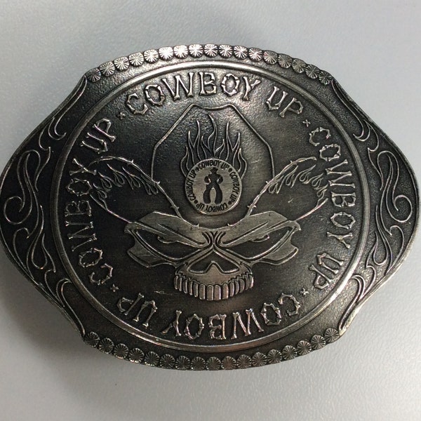 Vintage Belt Buckle Silver Toned Cowboy Skull In Hat Cowboy Up Used