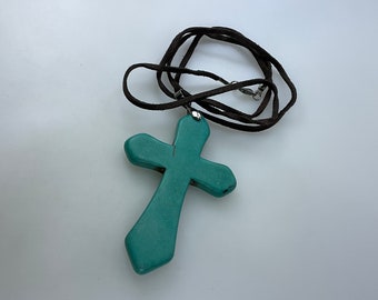 Vintage 28” Necklace Faux Turquoise Cross On Brown Suede Cord Used