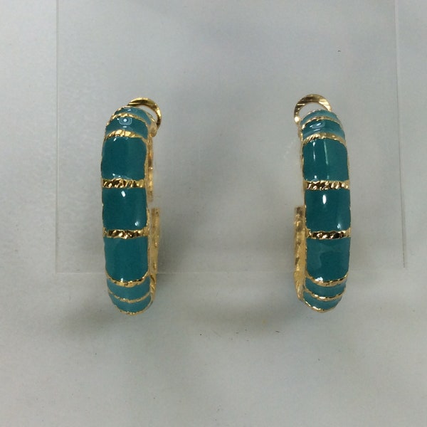 Vintage Clip On Hoop Earrings Gold Toned Bamboo Textured With Blue Enamel Used