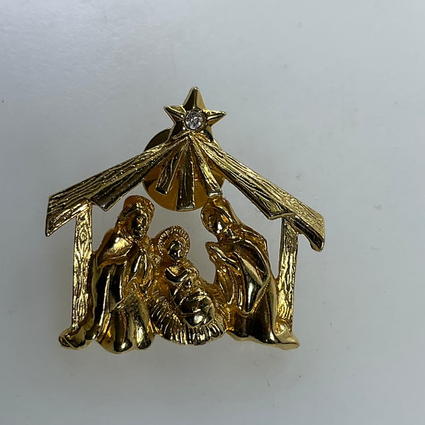 Vintage Pin Brooch Gold Toned Nativity Scene With Clear Rhinestone Used
