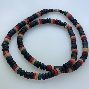 Vintage 24” Necklace With Wood Beads Black Brown Red Blue Used