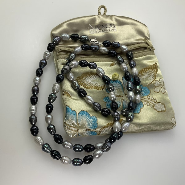 Vintage Honora 34” Necklace Sterling Silver 925 With Black Peacock And White Pearl Beads In Floral Bag Used