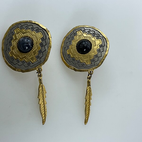 Vintage JJ Clip On Earrings Gold  Pewter Toned Round Shield Design With Feather Used