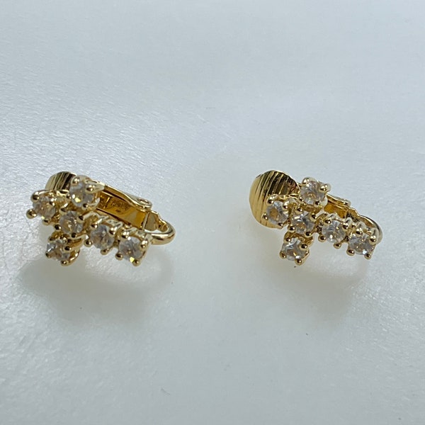 Vintage Clip On Earrings Gold Toned Cross With Clear stones Used
