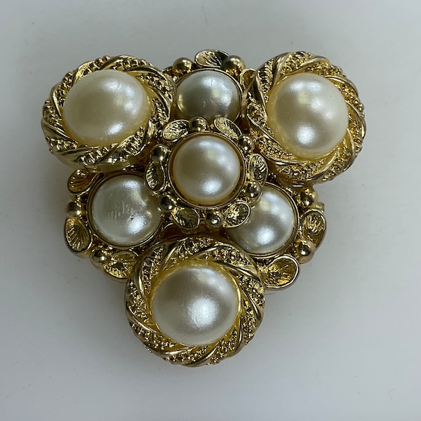 Vintage Pin Brooch Gold Toned Triangular Design With White Faux Pearls Used