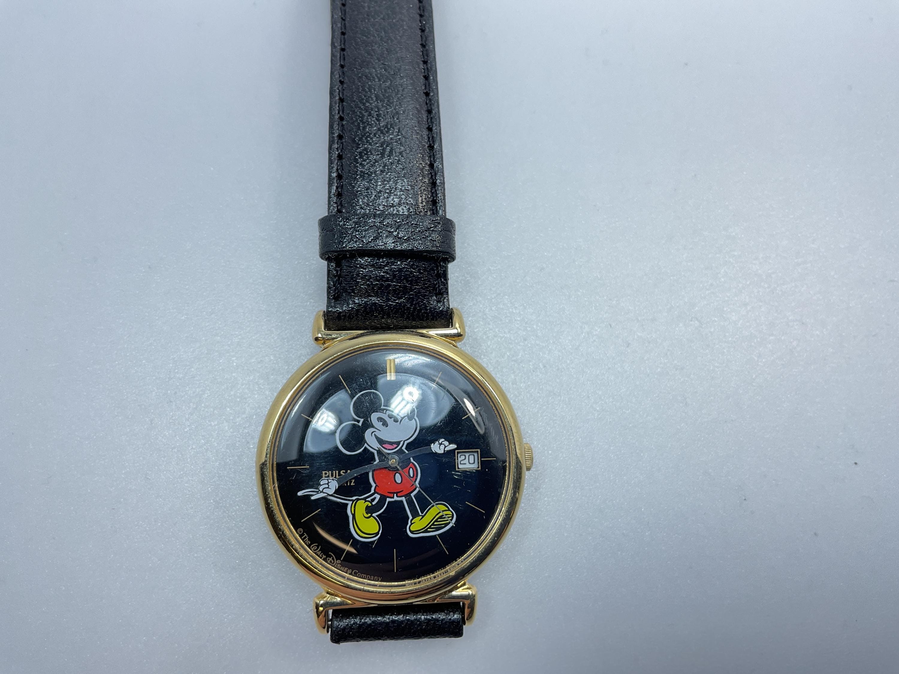 Vintage Pulsar Walt Disney  Mickey Mouse wrist watch Black 9 inch Leather Strap Pulsar Mickey Mouse Watch - Etsy main image 3