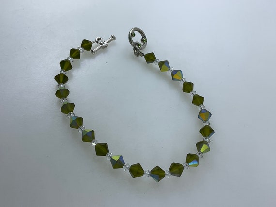 Vintage 8” Bracelet Silver Toned With AB Green Gl… - image 1