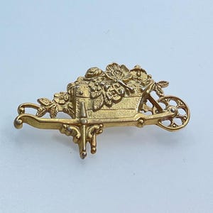 Vintage Pin Brooch Gold Toned Wheelbarrow With Flowers Used