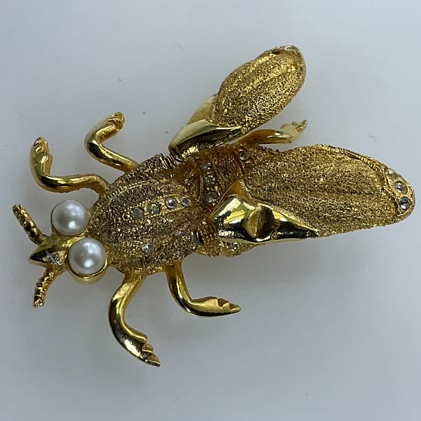 Vintage Kirks Folly Pin Brooch Gold Toned Fly With Faux Pearls Clear Rhinestones Missing Stones Used