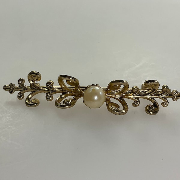 Vintage Pin Brooch Gold Toned Bar Style Floral Design With White Faux Pearl Used