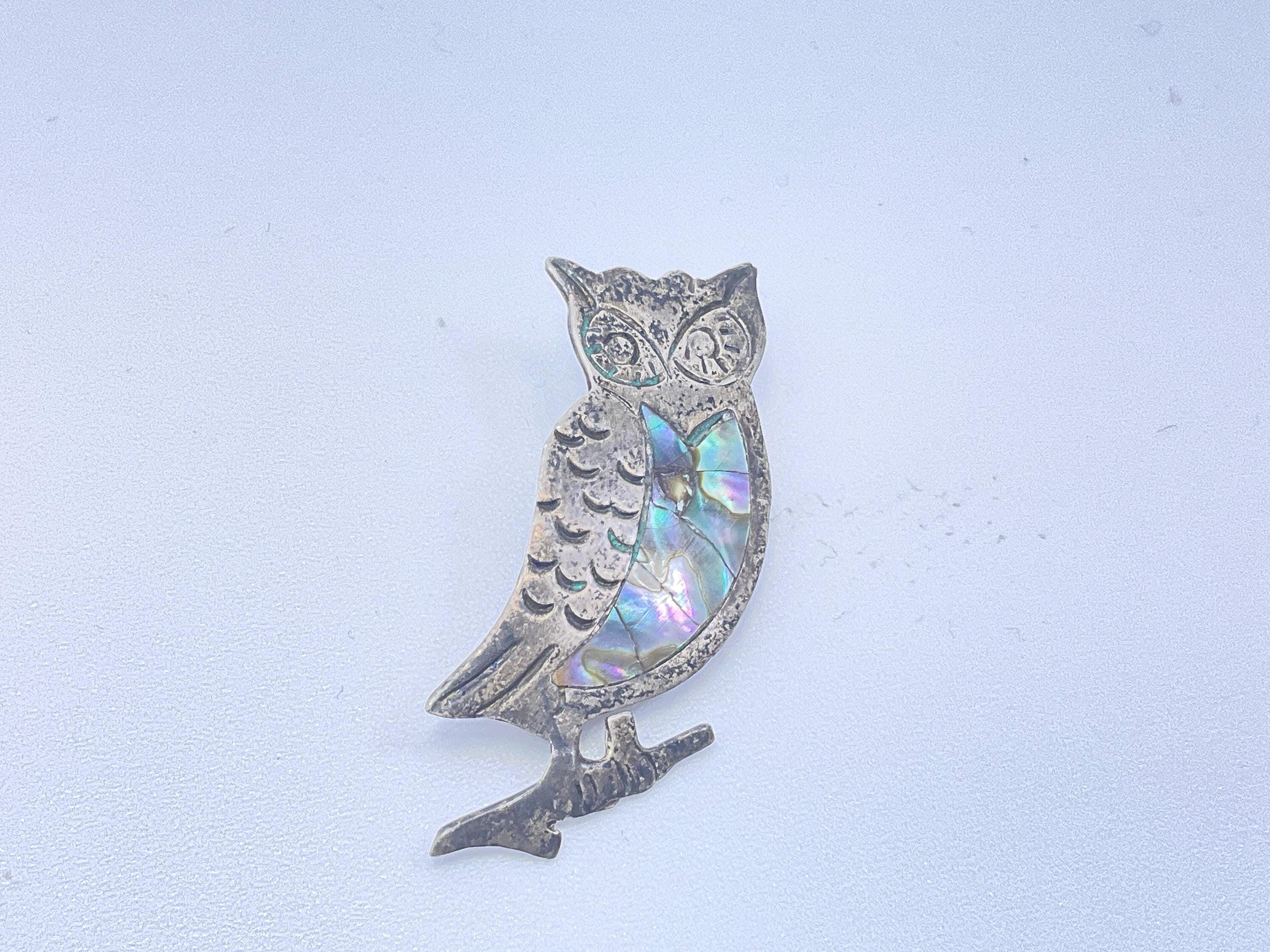 Vintage Pin Brooch Sterling Silver 925 Owl Abalone Shell Used