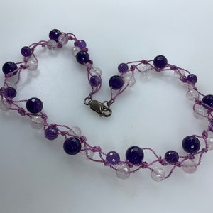 Vintage 15” Necklace Sterling Silver 925 With Amethyst And Rose Quartz Beads Pink Cording Used