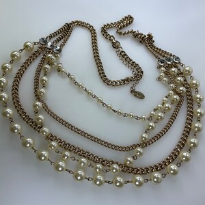 Vintage Ann Taylor 25”-28” Necklace Gold Toned Chains With White Faux Pearl Beads And Clear Rhinestones Used