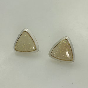 Vintage Stud Earrings Gold Toned Triangle With White And Sparkle Enamel Old Stock